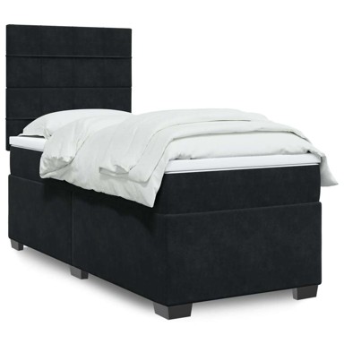 Box Spring krevet s madracem, crni, 90x190 cm, baršun, blok s kvadratima