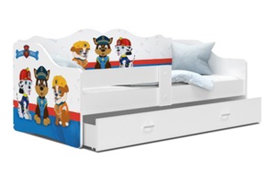 Drveni dječji krevet Neli s ladicom Paw Patrol, 160x80 cm, PE madrac 8 cm, bijeli