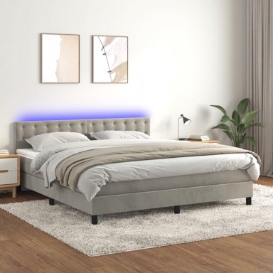 Krevet box spring s madracem LED svjetlosivi 180x200 cm baršun