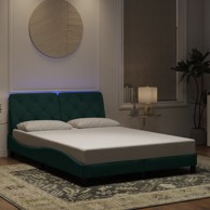 Okvir kreveta s LED svjetlima tamnozeleni 140x200 cm baršunasti