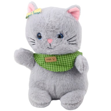 Plišana igračka mačka s zelenom maramom, 22 cm, siva