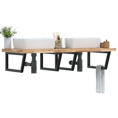 Zidna polica za umivaonik, čelik i masivno bagremovo drvo, trapezna, 120 x 60 x 4 cm, smeđa i crna