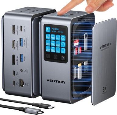 VENTION Priključna stanica za laptop, 13 u 1, 3 monitora, 8K, 2 x HDMI i 1 x DP, PD 100 W, USB, čitač kartica