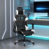Masažna gaming stolica, crno-bijela, umjetna koža, s naslonom za noge