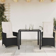 3-dijelni bistro set s jastucima crni od poliratana 90 x 90 x 75 cm bez podignute noge, crna