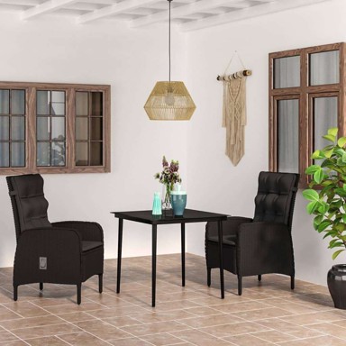 3 dijelni vrtni blagovaonski set s jastucima crni, dužina stola 80 cm