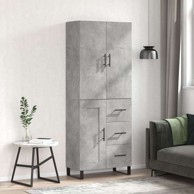 Visoka komoda siva betona 69 5x34x180 cm od konstruiranog drva, 1 drvena vrata 3 ladice
