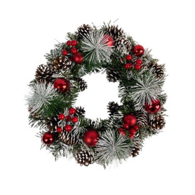 Božićni vijenac s crvenim ukrasima i češerima – 36 cm