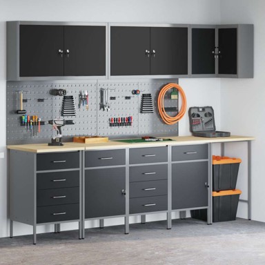 Set radnog ormara i perforirane ploče 12-dijelni MDF i metal, crna