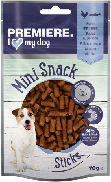 PREMIERE Poslastica za pse Mini Snack Sticks, piletina s ribom, 70 g