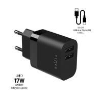 FIXED Putni punjač FIXC17N-2UM-BK, 2x USB, 17 W, USB / micro USB kabel, crni