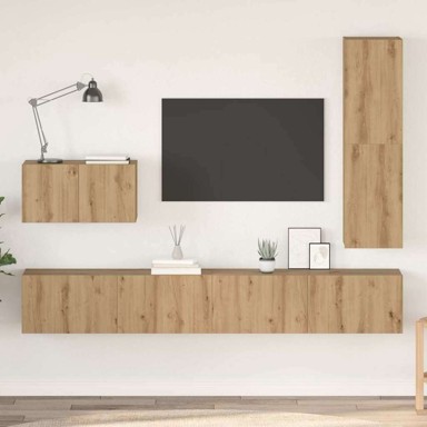 Set TV komoda, s ladicama i policom zidne, s pohranom, 4 kom, 30.5 x 30 x 110 cm, drvo, hrast artisan