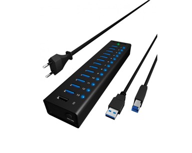 ICY BOX USB hub IB-AC6113, USB-B, 14x USB-A 3.0, crni