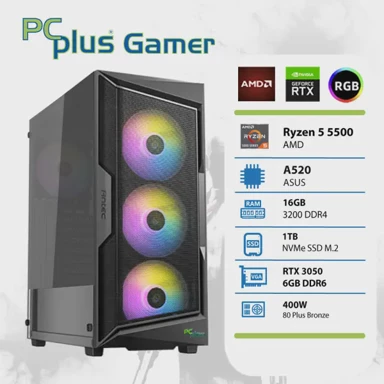 PCPLUS Stolno računalo Gamer / AMD Ryzen 5 5500, 16 GB RAM, 1 TB SSD, NVIDIA GeForce RTX 3050, bez operativnog sustava, crna