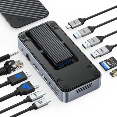ORICO USB-C čvorište, 12 u 1, s M.2 SSD kućištem, priključna stanica bez alata, ventilator, HDMI, DP, gigabitni Ethernet, 100 W PD, SD/TF, audio/mikrofon, 10 Gbps USB-A i USB-C