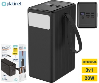 PLATINET Powerbank, 80. 000 mAh, 4x USB-A, 2x USB-C, LED svjetlo