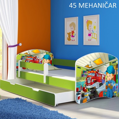 ACMA Dječji krevet s motivom, bočna zelena + ladica, 140×70 cm, motiv mehaničar