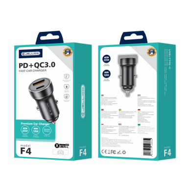 JELLICO Auto punjač F4, Type-C i USB-A, Lightning kabel 1 m, PD, 20 W, 3 A, crna