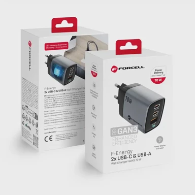FORCELL Punjač F-Energy GaN III VT-37, 2x Type C + USB A, PD QC4.0, SAM SFC2.0, 3.45A, 70W, sivi, s LCD zaslonom