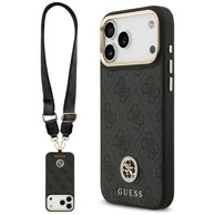 GUESS Rhinestone Logo Metal Button MagSafe maskica s vezicom, iPhone 17 Pro Max, crna