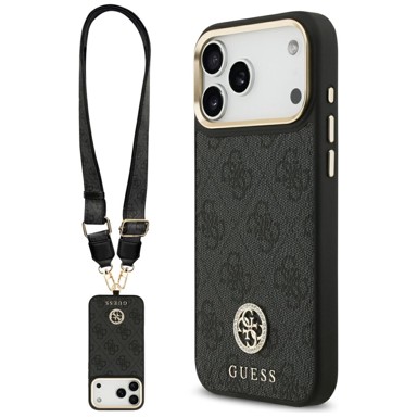 GUESS Rhinestone Logo Metal Button MagSafe maskica s vezicom, iPhone 17 Pro Max, crna