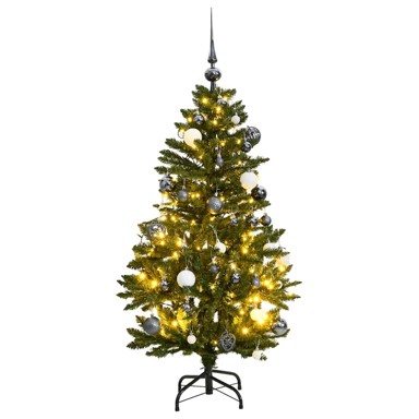 Božićno drvce umjetno, 150 LED, sa šarkama i kuglicama, 150 cm, s LED lampicama, bijelo/sive kuglice
