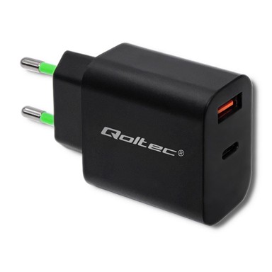 QOLTEC Punjač 51713, 18W, USB-C PD + USB QC 3.0, crni