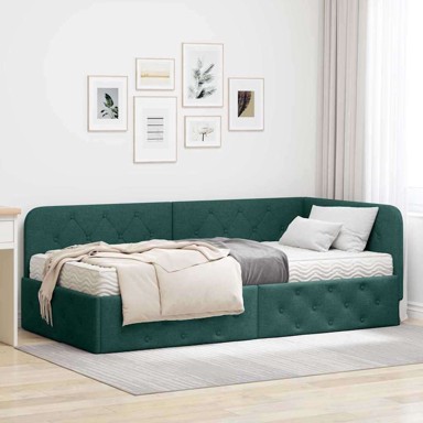 Kutni okvir kreveta s madracem tamnozelena 90 x 200 cm tkanina