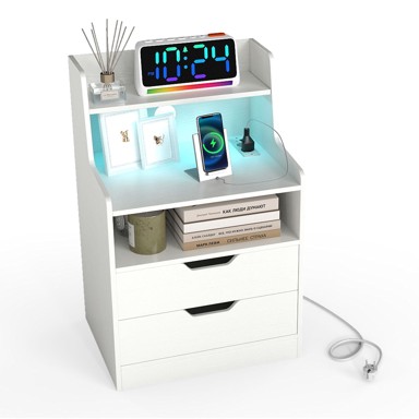 Noćni ormarić s LED svjetlom i stanicom za punjenje, bijeli