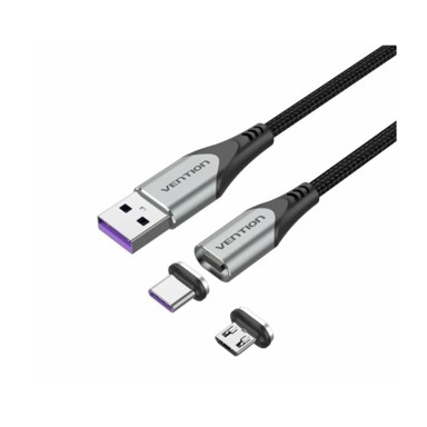 VENTION Kabel USB 2.0, sivi, 1m, USB-A muški na 2-u-1 Micro-B/USB-C muški, 5A, magnetski