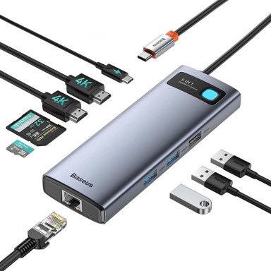 BASEUS Priključna stanica, 9 u 1, USB-C, 4K@120Hz, 2 x HDMI, Ethernet, 100 W PD, TF/SD, USB 3.0