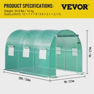 VEVOR Plastenik za biljke, tunelski, 457×213×213 cm, pocinčana konstrukcija, PE navlaka, bijela