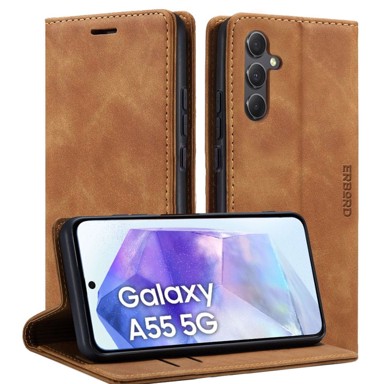 OVERBOARD Futrola za Samsung Galaxy A55, Vintage futrola-novčanik s preklopom + zaštitno staklo za ekran, smeđa