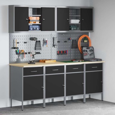 Set radnog ormara i ploče s kukama 10-dijelni MDF i metal, crna