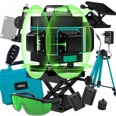 HIKEY Akumulatorski 16-linijski 360° zeleni građevinski laserski nivelir + 2 baterije + ALU stativ 106 cm