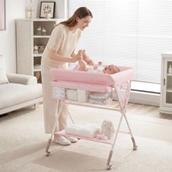 COSTWAY Stol za presvlačenje bebe, sklopivi, 7 razina podesive visine, kotačići, polica, košara, ružičasti