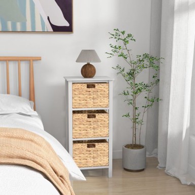 4-katni noćni ormarić s 3 košarice od morske trave, 36x30x80cm, bijeli