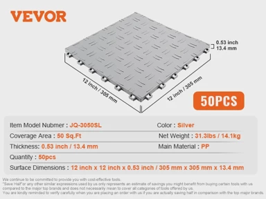VEVOR Pločice za garaže s međusobnim povezivanjem za potpunu zaštitu podova, srebrne, 50 kom