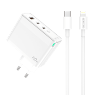 JELLICO Kućni punjač, GaN, 1 x USB-A 22,5 W i 2 x Type-C 65 W + 35 W, Type-C na Lightning kabel, QC, 100 W, original, bijela, EU blister