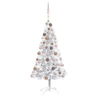 Božićno drvce umjetno, osvijetljeno i kuglice, srebrno 150 cm, PET, rose gold kuglice