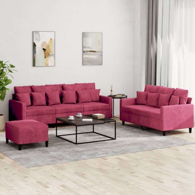 3-dijelni set sofa s jastučićima i tabureom od baršuna, boja crnog vina