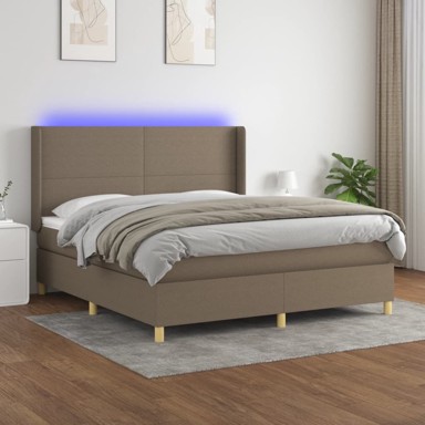 Krevet box spring s madracem LED smeđesivi 180x200 cm tkanina