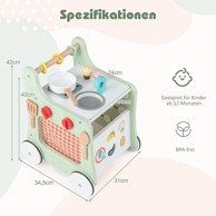 NORTHIX Drvena hodalica za bebe 6 u 1, kuhinja za igru, sat za učenje, umetaljka oblika, pomični klizač, zelena