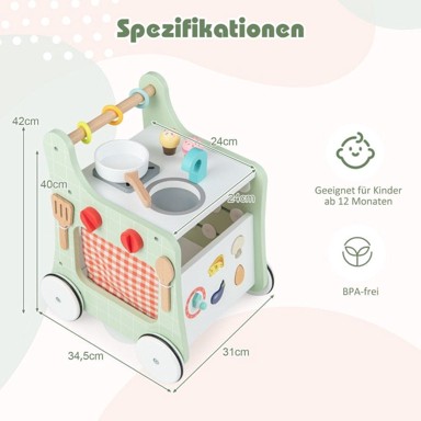 NORTHIX Drvena hodalica za bebe 6 u 1, kuhinja za igru, sat za učenje, umetaljka oblika, pomični klizač, zelena