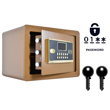 NIKCORP Kućni sef, elektronička brava i ključ, alarmni sustav, polica, dimenzije 25 × 35 × 25 cm, čelik, smeđa