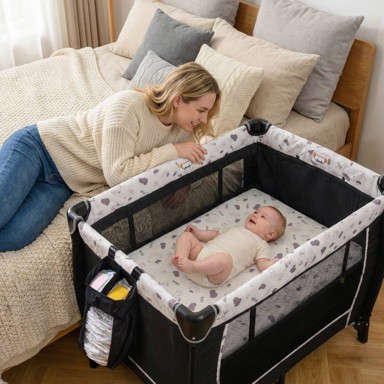 COSTWAY Prijenosni krevetić za bebe, 5u1, stol za presvlačenje, ljuljačka, madrac, 2 igračke, bež
