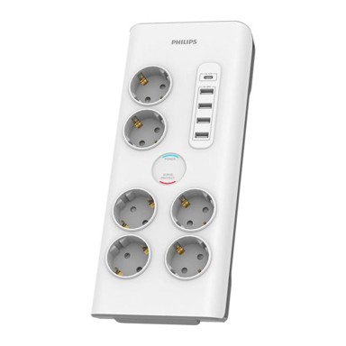 PHILIPS Produžna Utičnica Surge Basic, Prenaponska zaštita, 6x EU, 4x USB-A, USB-C