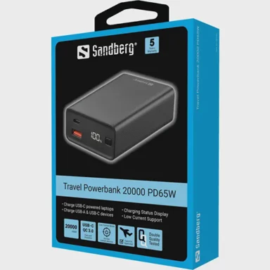SANDBERG Powerbank prijenosni punjač, 20000mAh, 65W, crni