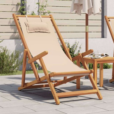 Sklopiva stolica za plažu od drva eukaliptusa i tkanine, s naslonom za ruke, bež