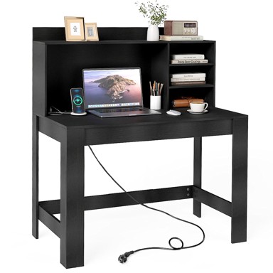 Računalni stol s gornjim ormarićem, s utičnicama i organizacijom kabela, crni